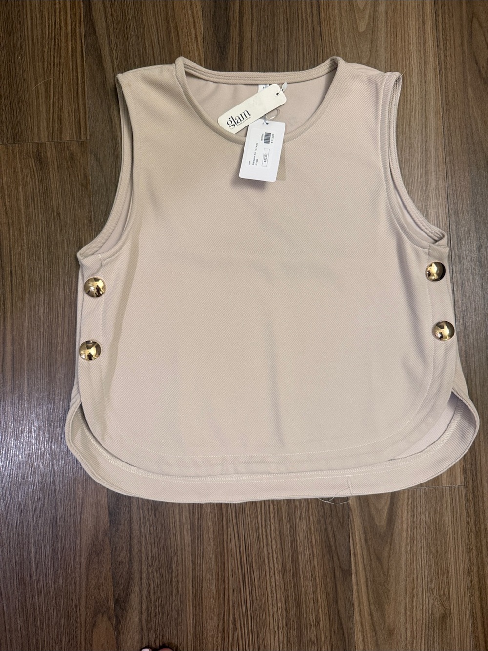 glam Button-Detail Sleeveless Tank Top in Light Beige
